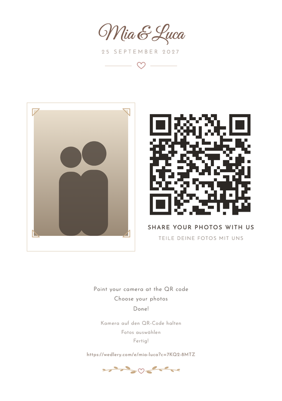The Keepsake design: a printable A5 wedding sign with a QR code guests scan to share their photos
